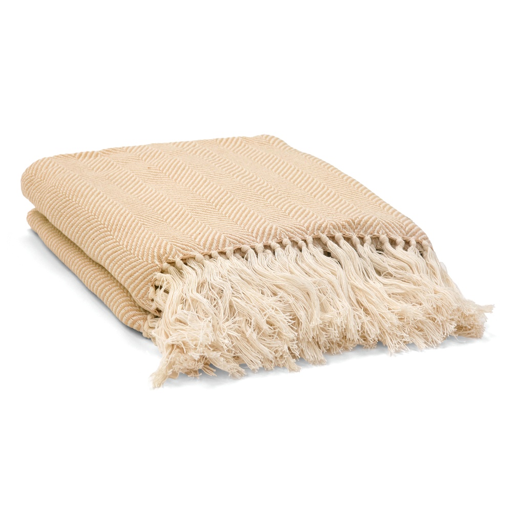 Puuvillapeitto 'Denisa Fishbone' 130x170cm - Beige/valkoinen