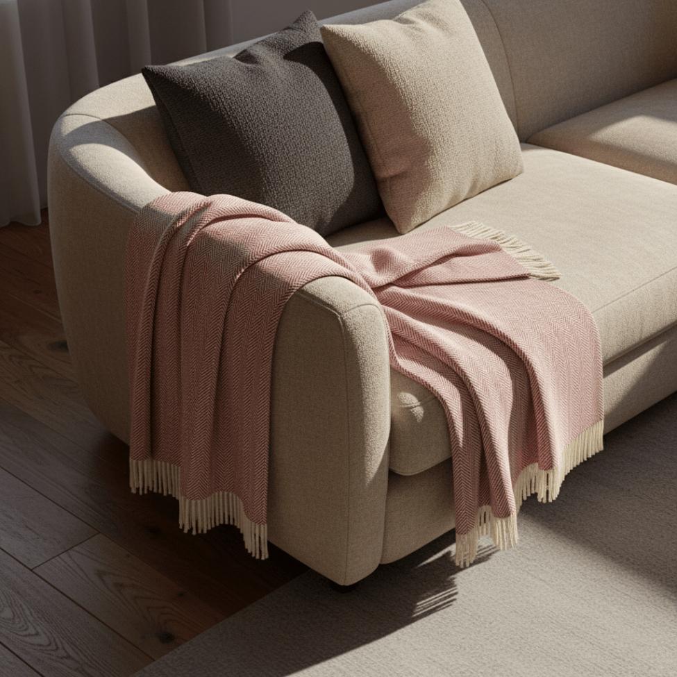 Puuvillapeitto 'Denisa Fishbone' 130x170cm - Punainen/valkoinen