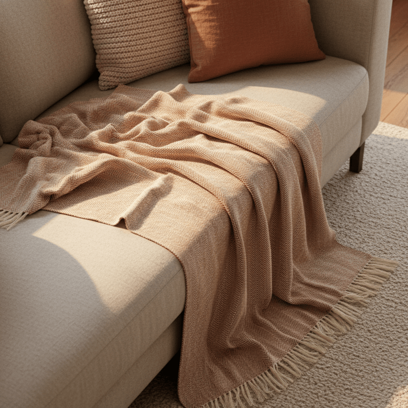 Puuvillapeitto 'Denisa Fishbone' 130x170cm - Ruskea/valkoinen