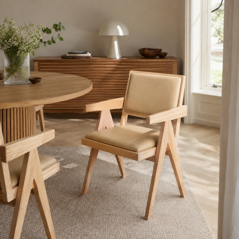 Käsinojallinen tuoli 'Jean' - Valkopigmentoitu tammi/Beige